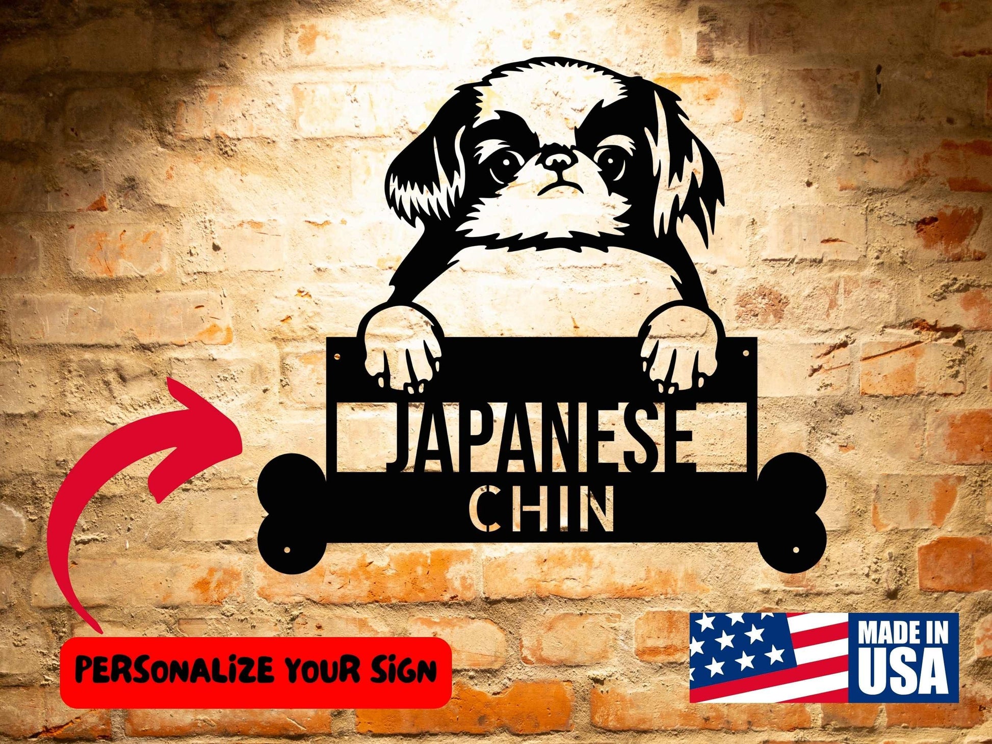 A wooden door with a Custom Japanese Chin Sign | Personalized Dog Breed Steel Monogram Wall Art | Pet Welcome Sign Home Decor on it.