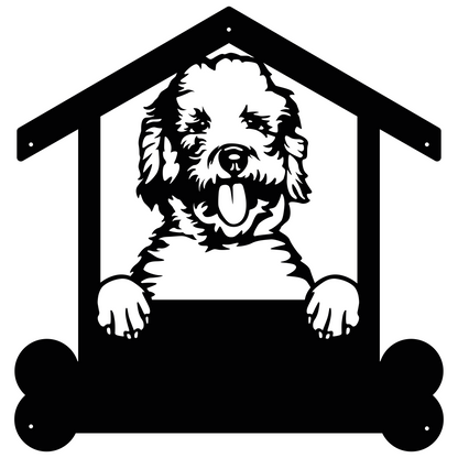 A Custom Labradoodle Dog Sign on a brick house.