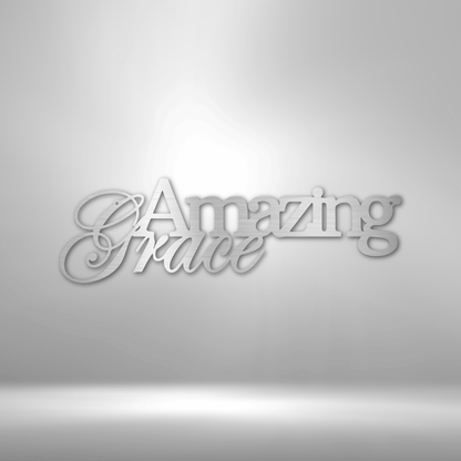 A custom handcrafted steel sign displaying "Amazing Grace" on a brick wall.