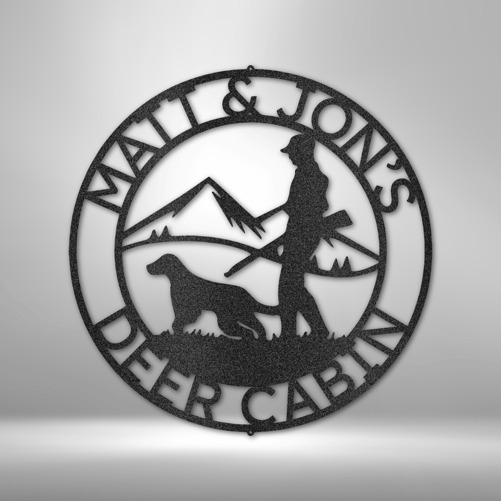 Add a personal touch to your space with the HUNTER DOG SIGN - a customizable steel monogram featuring "Matt & Jon's Deer Cabin" text. This home decor piece showcases a unique hunter and dog design set against a mountain backdrop, all finished with a durable powder-coated layer for lasting beauty.