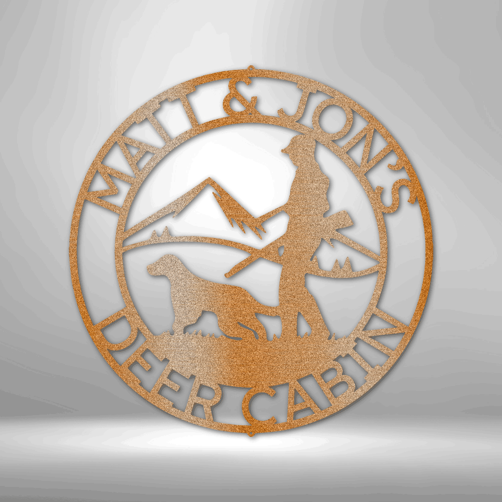 Add a personal touch to your space with the HUNTER DOG SIGN - a customizable steel monogram featuring "Matt & Jon's Deer Cabin" text. This home decor piece showcases a unique hunter and dog design set against a mountain backdrop, all finished with a durable powder-coated layer for lasting beauty.