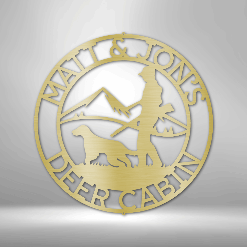 Add a personal touch to your space with the HUNTER DOG SIGN - a customizable steel monogram featuring "Matt & Jon's Deer Cabin" text. This home decor piece showcases a unique hunter and dog design set against a mountain backdrop, all finished with a durable powder-coated layer for lasting beauty.