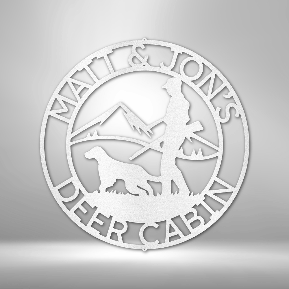 Add a personal touch to your space with the HUNTER DOG SIGN - a customizable steel monogram featuring "Matt & Jon's Deer Cabin" text. This home decor piece showcases a unique hunter and dog design set against a mountain backdrop, all finished with a durable powder-coated layer for lasting beauty.