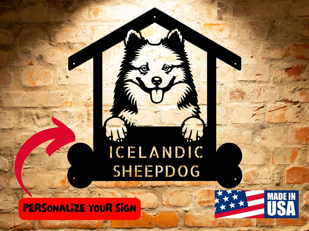 A wooden door with a Personalized Icelandic Sheepdog Sign | Custom Dog Breed Steel Monogram Wall Art | Customized Pet Welcome Sign Home Decor on it.