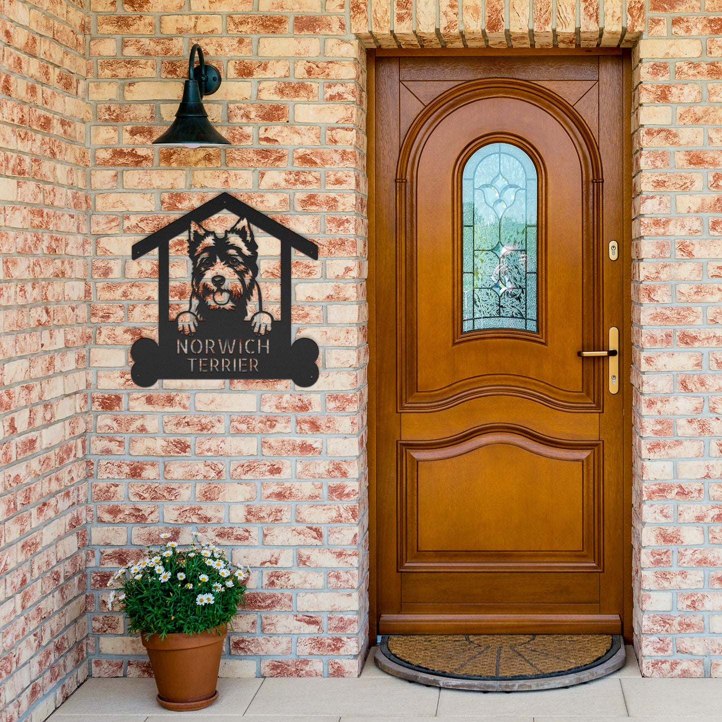 A wooden door with the Norwich Terrier Dog Lover's Delight | Personalized Metal Monogram Wall Art 🐕‍🦺 on it.