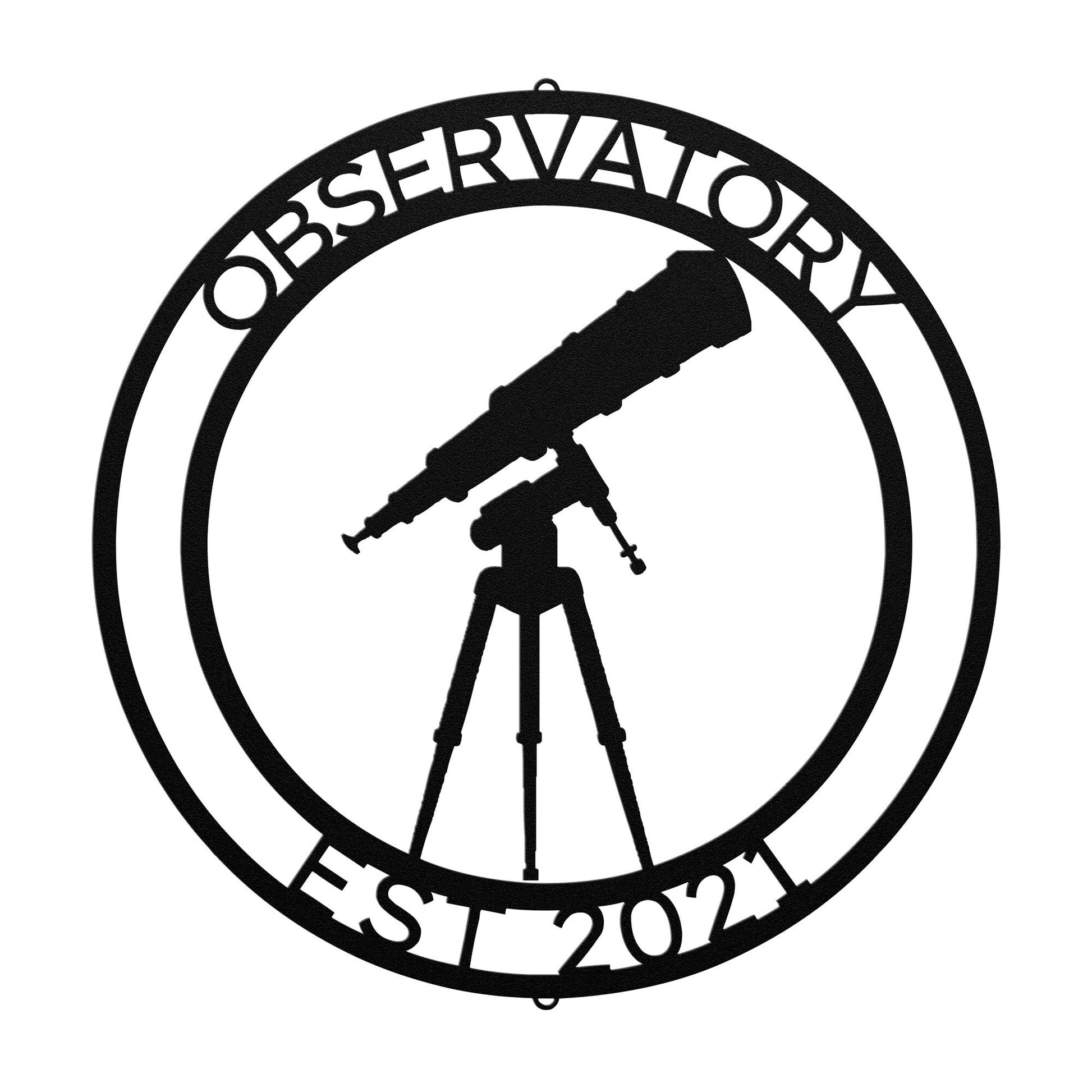 a metal sign with a telescope on top of it