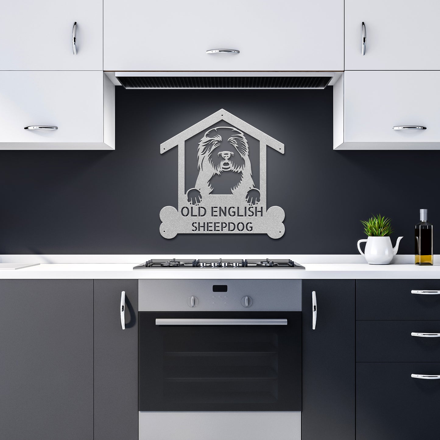 A wooden door with an Old English Sheepdog Dog Lover's Delight | Personalized Steel Monogram Wall Art on it.