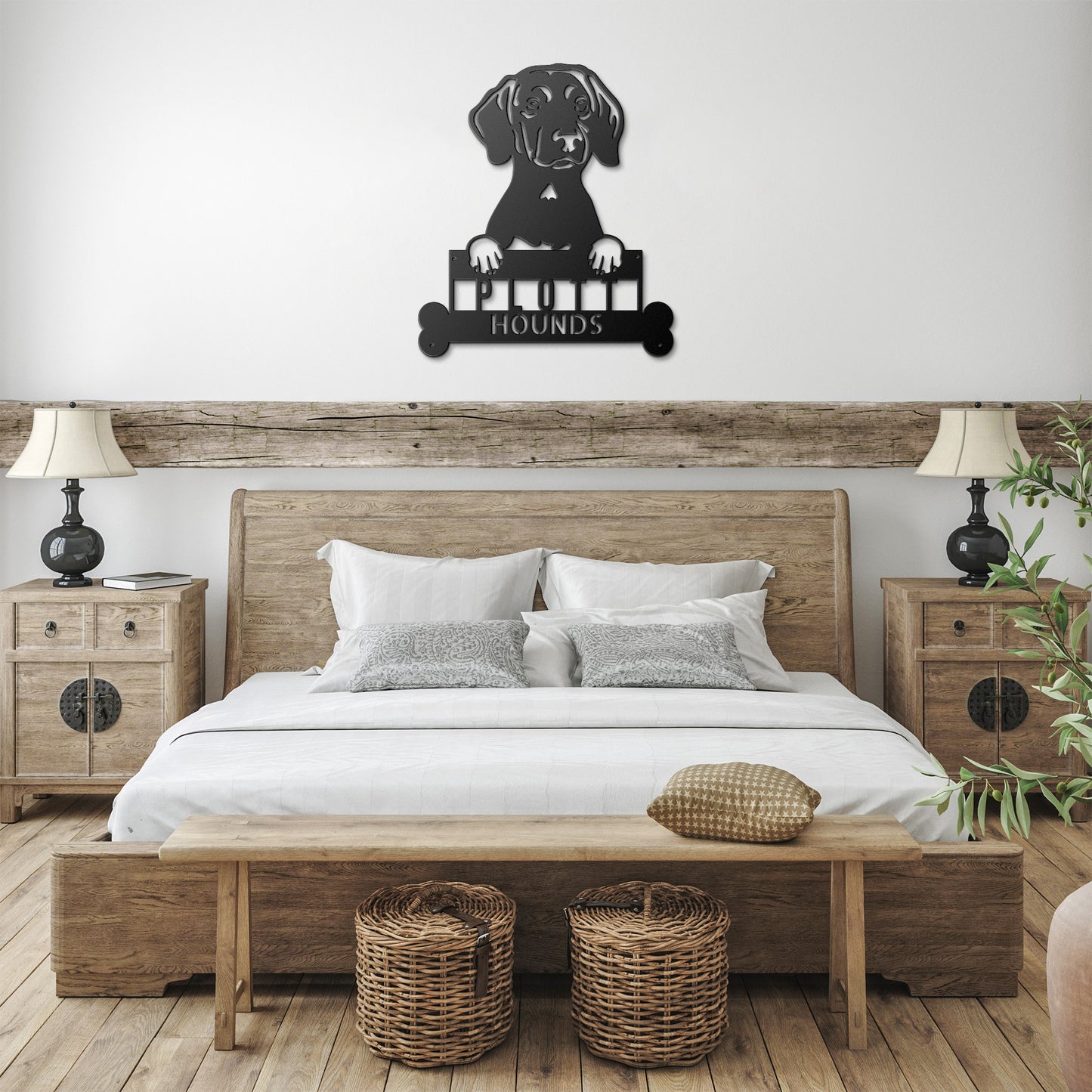 A brick house entrance with a wooden front door, a potted plant with white flowers, and a PITBULL METAL SIGN ARTWORK, Custom Plott Hound Home Décor, Personalized Dog Name Sign, Gift for Animal Enthusiasts featuring a dog's head and the word "HOUNDS" below it.