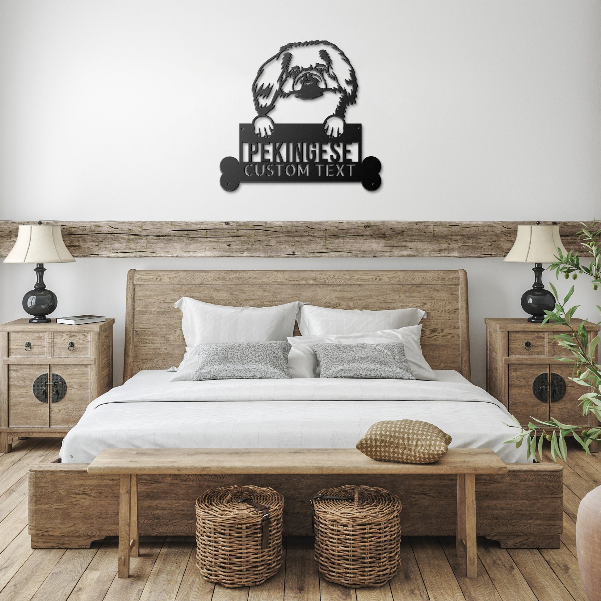 A wooden door with a circular glass insert is set in a brick wall. A Pekingese Dog Name Steel Wall Art, Personalized Monogram Sign for Home Decor, Perfect Animal Lovers Gift is mounted above a potted plant on the doorstep, perfect for those who appreciate unique pet wall art.