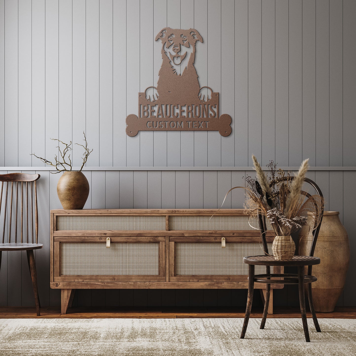 Enhance your home decor with a Personalized BEAUCERONS Custom Dog Metal Sign - Unique Dog Wall Art for Dog Lovers - Customizable Dog Address Sign - Premium Metal Home Decor featuring a dog.