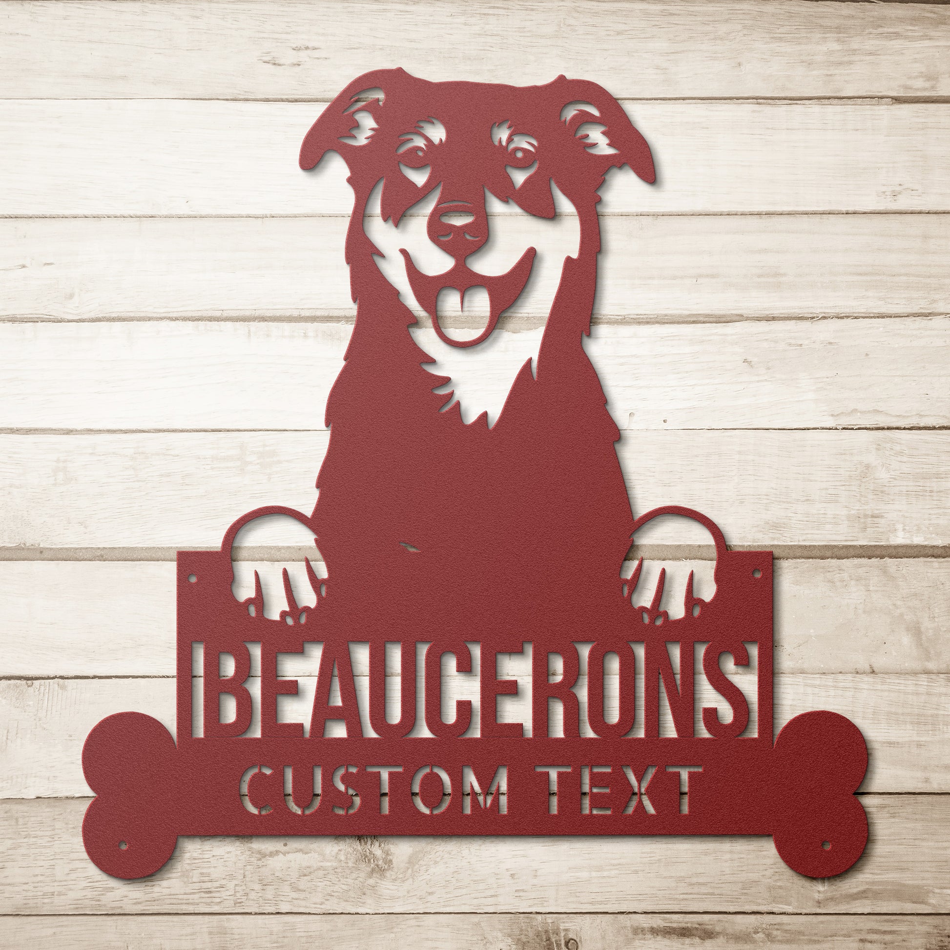 Enhance your home decor with a Personalized BEAUCERONS Custom Dog Metal Sign - Unique Dog Wall Art for Dog Lovers - Customizable Dog Address Sign - Premium Metal Home Decor featuring a dog.