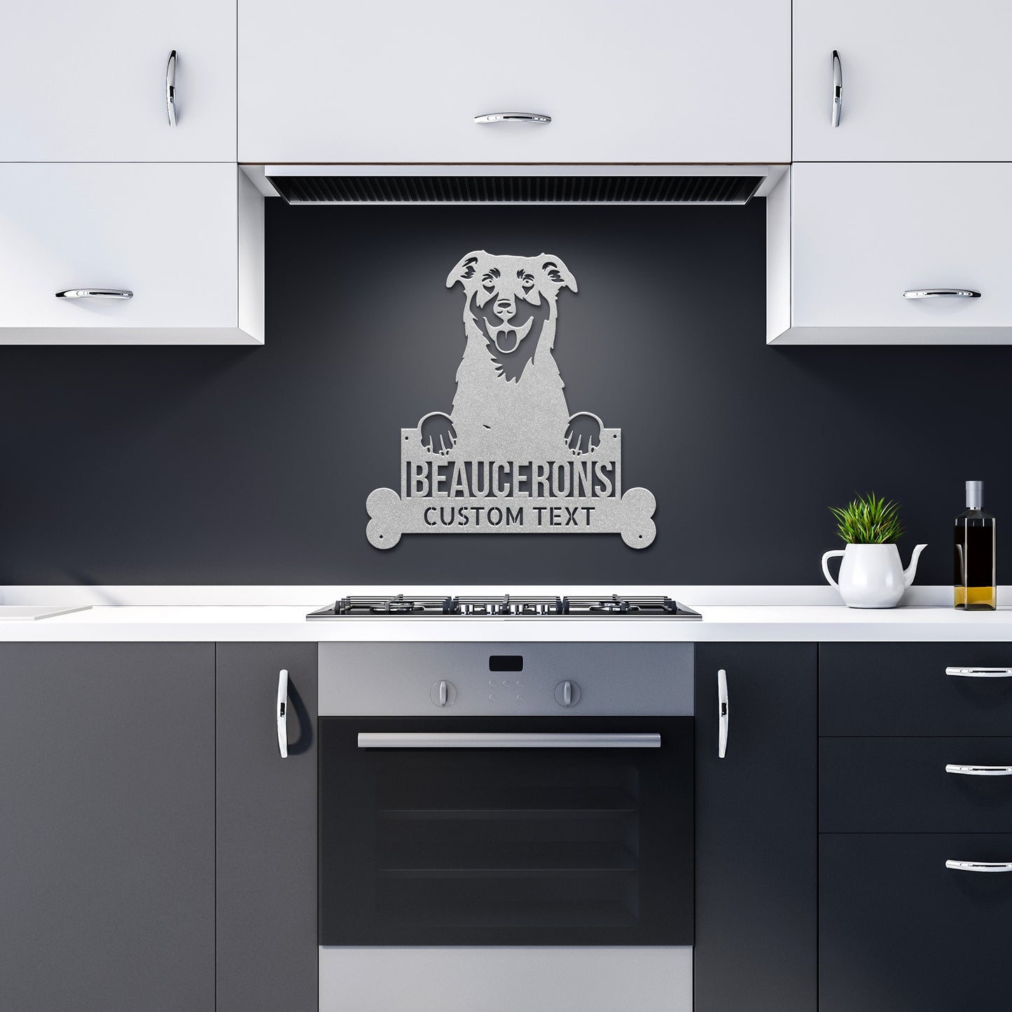 Enhance your home decor with a Personalized BEAUCERONS Custom Dog Metal Sign - Unique Dog Wall Art for Dog Lovers - Customizable Dog Address Sign - Premium Metal Home Decor featuring a dog.