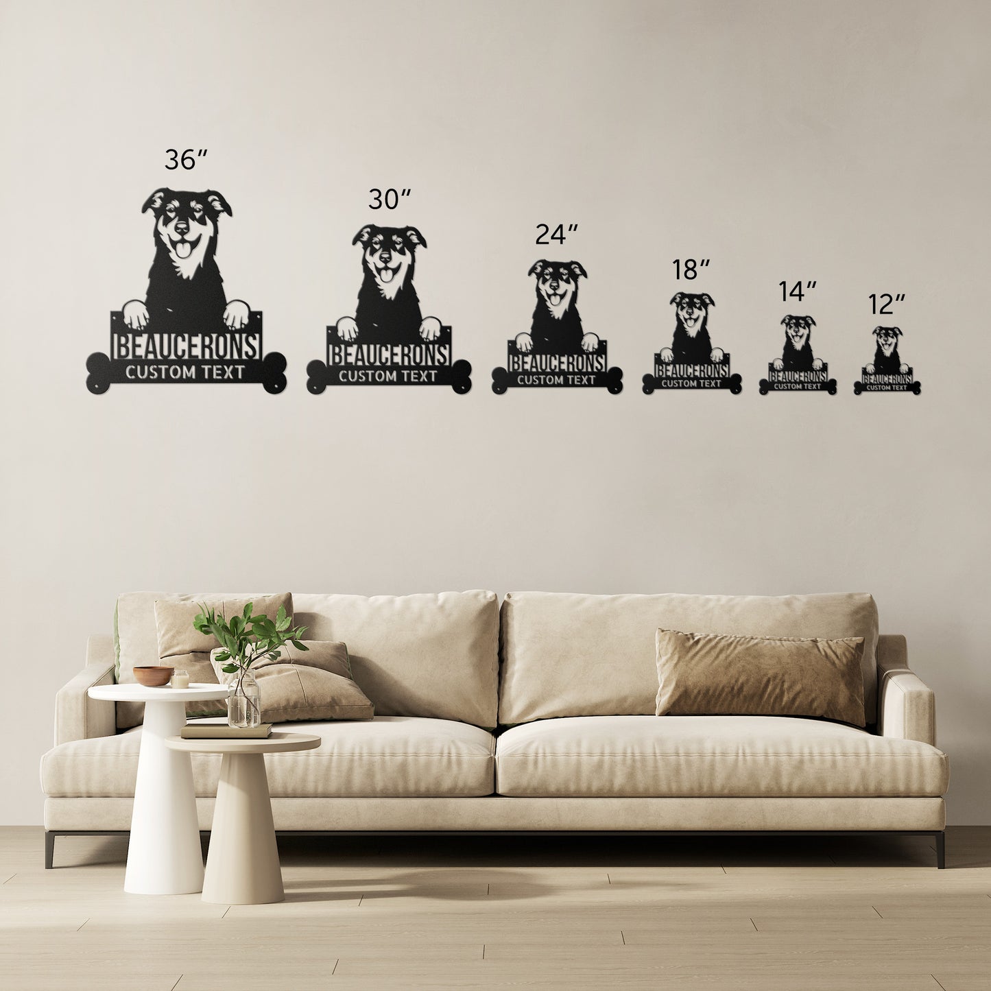 Enhance your home decor with a Personalized BEAUCERONS Custom Dog Metal Sign - Unique Dog Wall Art for Dog Lovers - Customizable Dog Address Sign - Premium Metal Home Decor featuring a dog.