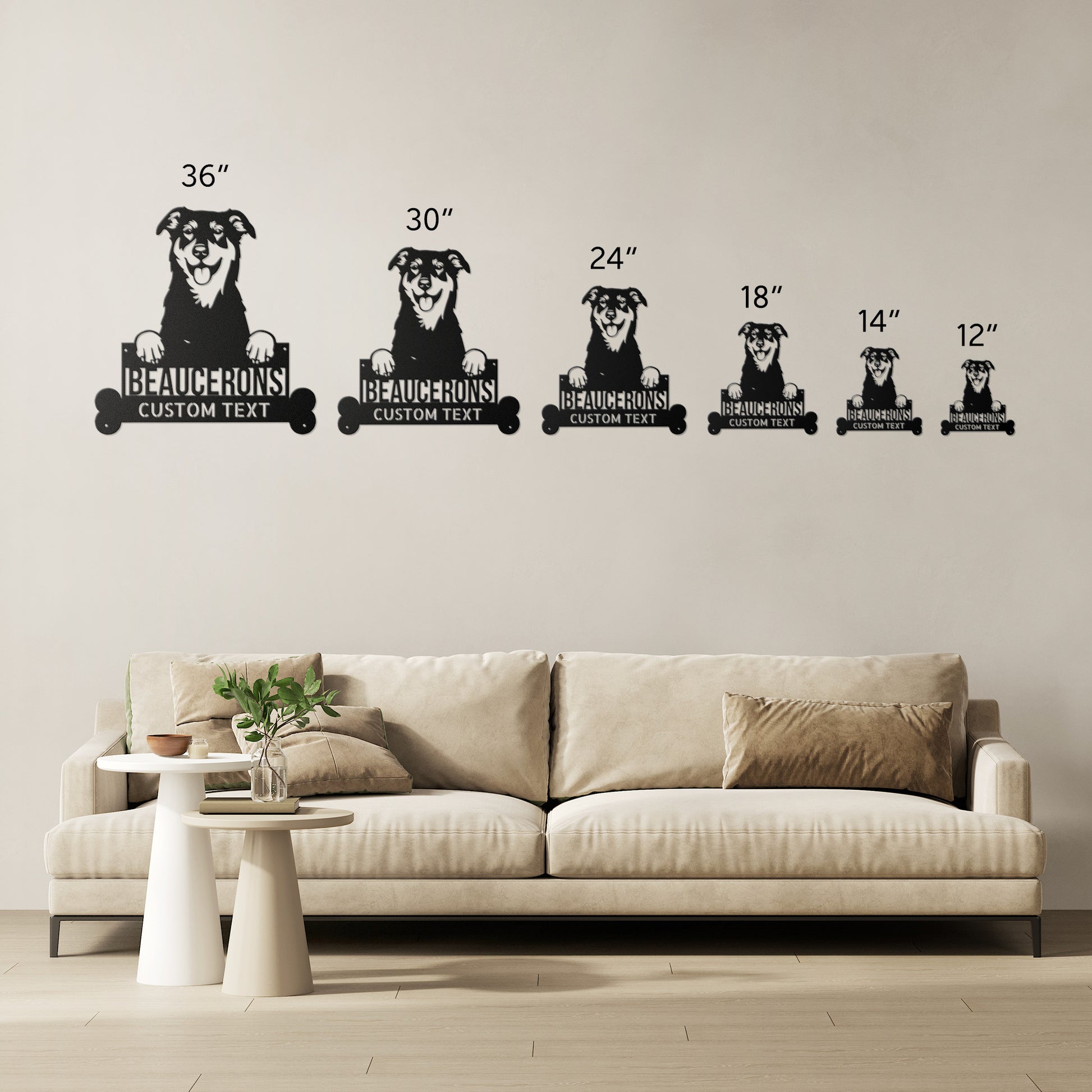 Enhance your home decor with a Personalized BEAUCERONS Custom Dog Metal Sign - Unique Dog Wall Art for Dog Lovers - Customizable Dog Address Sign - Premium Metal Home Decor featuring a dog.