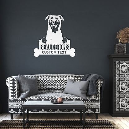 Enhance your home decor with a Personalized BEAUCERONS Custom Dog Metal Sign - Unique Dog Wall Art for Dog Lovers - Customizable Dog Address Sign - Premium Metal Home Decor featuring a dog.