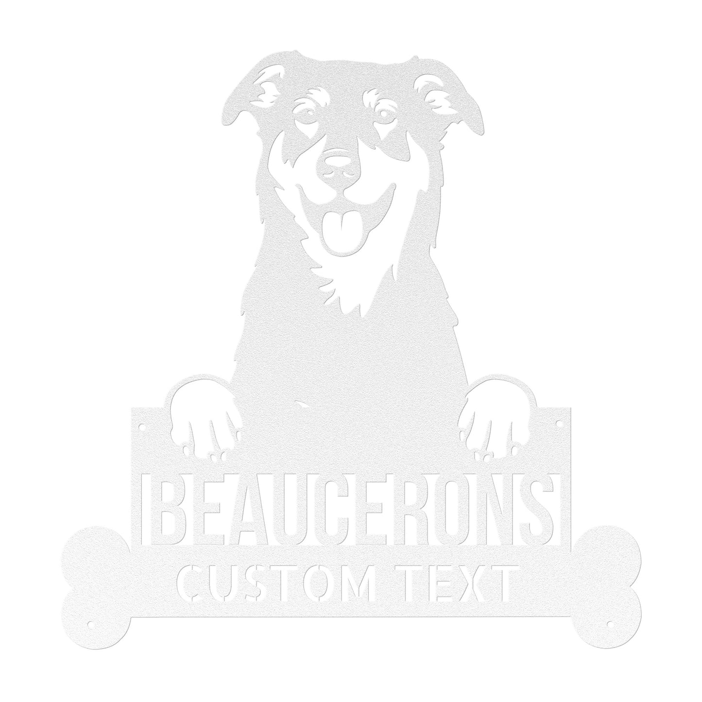 Enhance your home decor with a Personalized BEAUCERONS Custom Dog Metal Sign - Unique Dog Wall Art for Dog Lovers - Customizable Dog Address Sign - Premium Metal Home Decor featuring a dog.