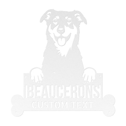 Enhance your home decor with a Personalized BEAUCERONS Custom Dog Metal Sign - Unique Dog Wall Art for Dog Lovers - Customizable Dog Address Sign - Premium Metal Home Decor featuring a dog.