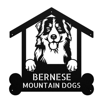 A Personalized Bernese Mountain Dog Sign, Custom Animal Welcome Sign for Bernese Mountain Pet Lovers, Dog Name Wall Art showcasing Bernese Mountain Dogs mounted on a brick wall.