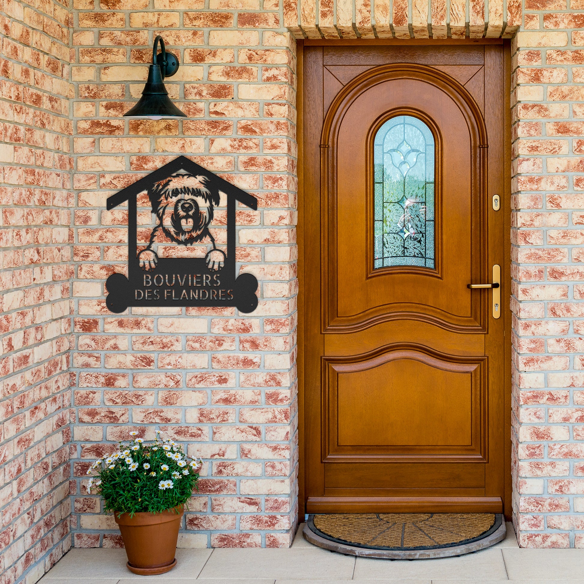 Metal sign in the shape of a doghouse with a Bouvier des Flandres cutout and text "BOUVIERS DES FLANDRES" on a brick wall. A label reads "PERSONALIZE YOUR SIGN" with an arrow pointing to the Bouvier des Flandres Dog Name Sign, Customized Gift for Bouvier des Flandres Admirers, Personalized Dog Wall Art Decor, making it a perfect personalized gift.