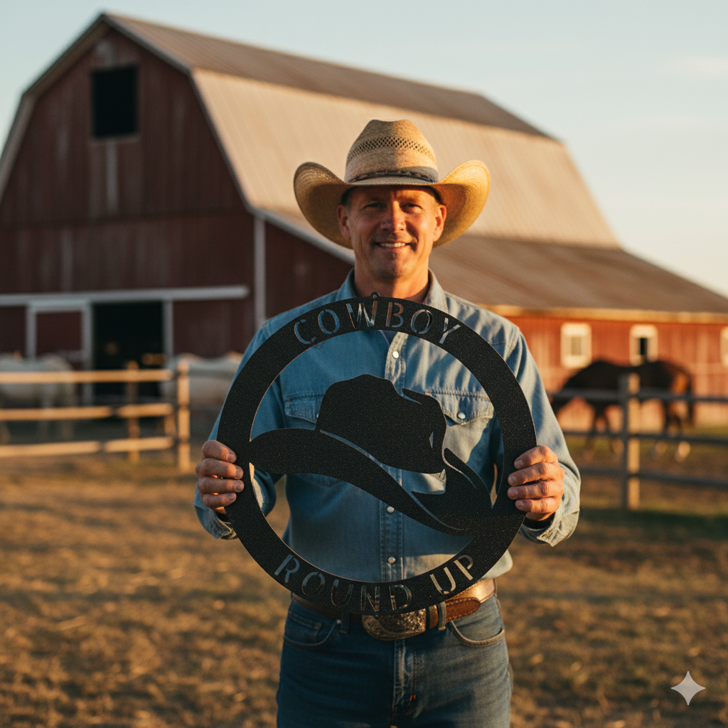 A Personalized Cowboy Hat Metal Sign – Western Ranch Decor & Custom Name Gift, featuring "Cowboy Round Up" and a cowboy hat silhouette, is displayed on a fence post near a barn and grazing horses at sunset in the countryside.