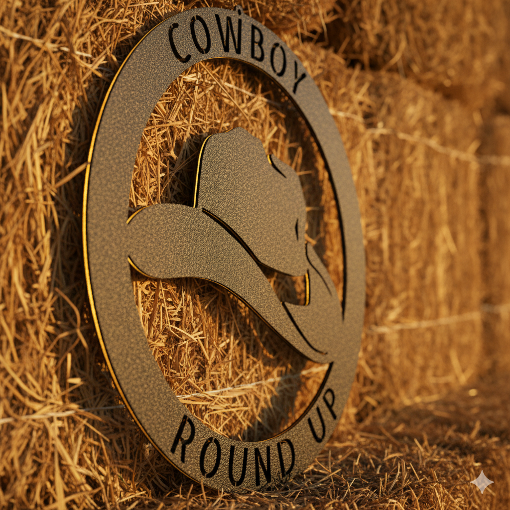 A Personalized Cowboy Hat Metal Sign – Western Ranch Decor & Custom Name Gift, featuring "Cowboy Round Up" and a cowboy hat silhouette, is displayed on a fence post near a barn and grazing horses at sunset in the countryside.