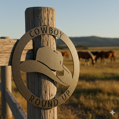 A Personalized Cowboy Hat Metal Sign – Western Ranch Decor & Custom Name Gift, featuring "Cowboy Round Up" and a cowboy hat silhouette, is displayed on a fence post near a barn and grazing horses at sunset in the countryside.