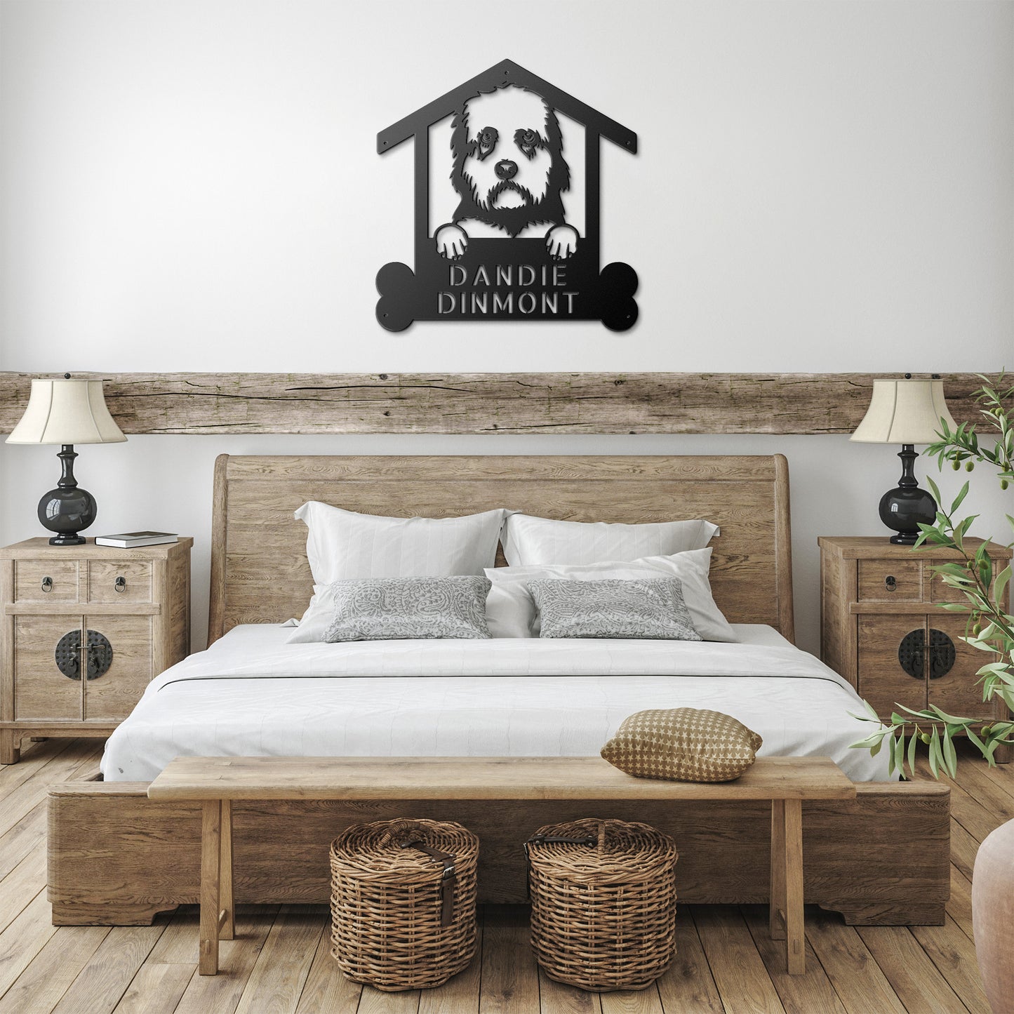 Metal sign featuring an illustration of a Dandie Dinmont in a house-shaped frame, with the text "Dandie Dinmont". Includes a "Made in USA" label and a red arrow pointing to a note, "Personalize Your Sign". Perfect as Dandie Dinmont Dog Name Sign, Personalized Dog Wall Art, Handcrafted Pet Home Decor, Dandie Dinmont Lovers Gift Wall Art!