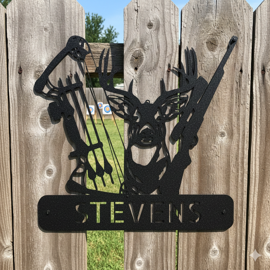 The Personalized Deer Hunter Metal Sign – Bow & Rifle Hunting Wall Art features a deer, bow, and rifle silhouette with "STEVENS" cut out at the bottom, perfect for cabin, porch, or man cave decor. Targets are displayed in the grassy yard behind.