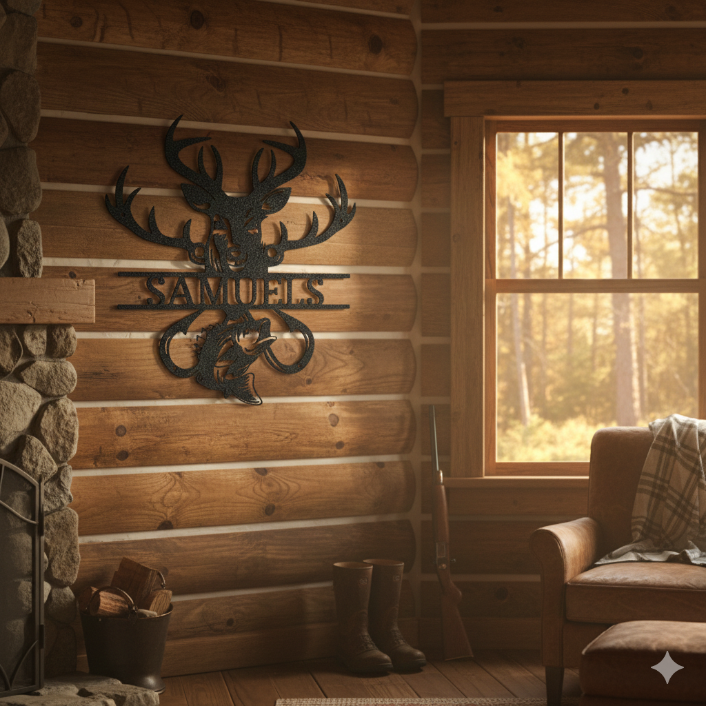 Three men chat by a wooden fence with a Personalized Fish & Deer Metal Name Sign as steaks cook on the grill during an outdoor gathering.