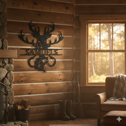 Three men chat by a wooden fence with a Personalized Fish & Deer Metal Name Sign as steaks cook on the grill during an outdoor gathering.