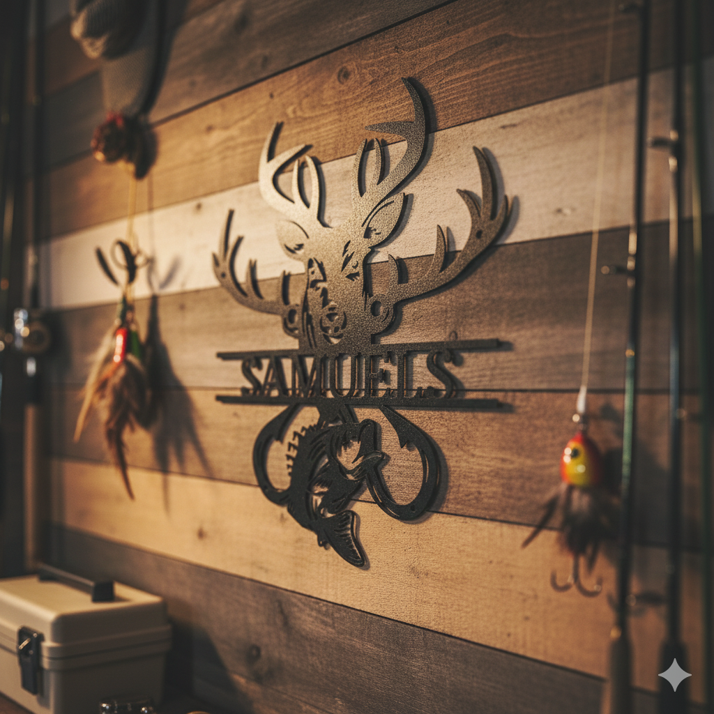 Three men chat by a wooden fence with a Personalized Fish & Deer Metal Name Sign as steaks cook on the grill during an outdoor gathering.