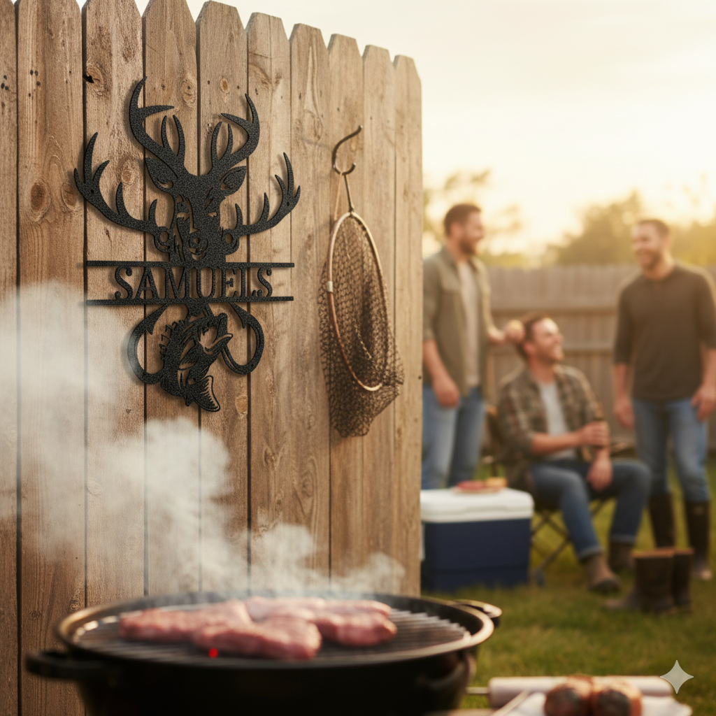 Three men chat by a wooden fence with a Personalized Fish & Deer Metal Name Sign as steaks cook on the grill during an outdoor gathering.