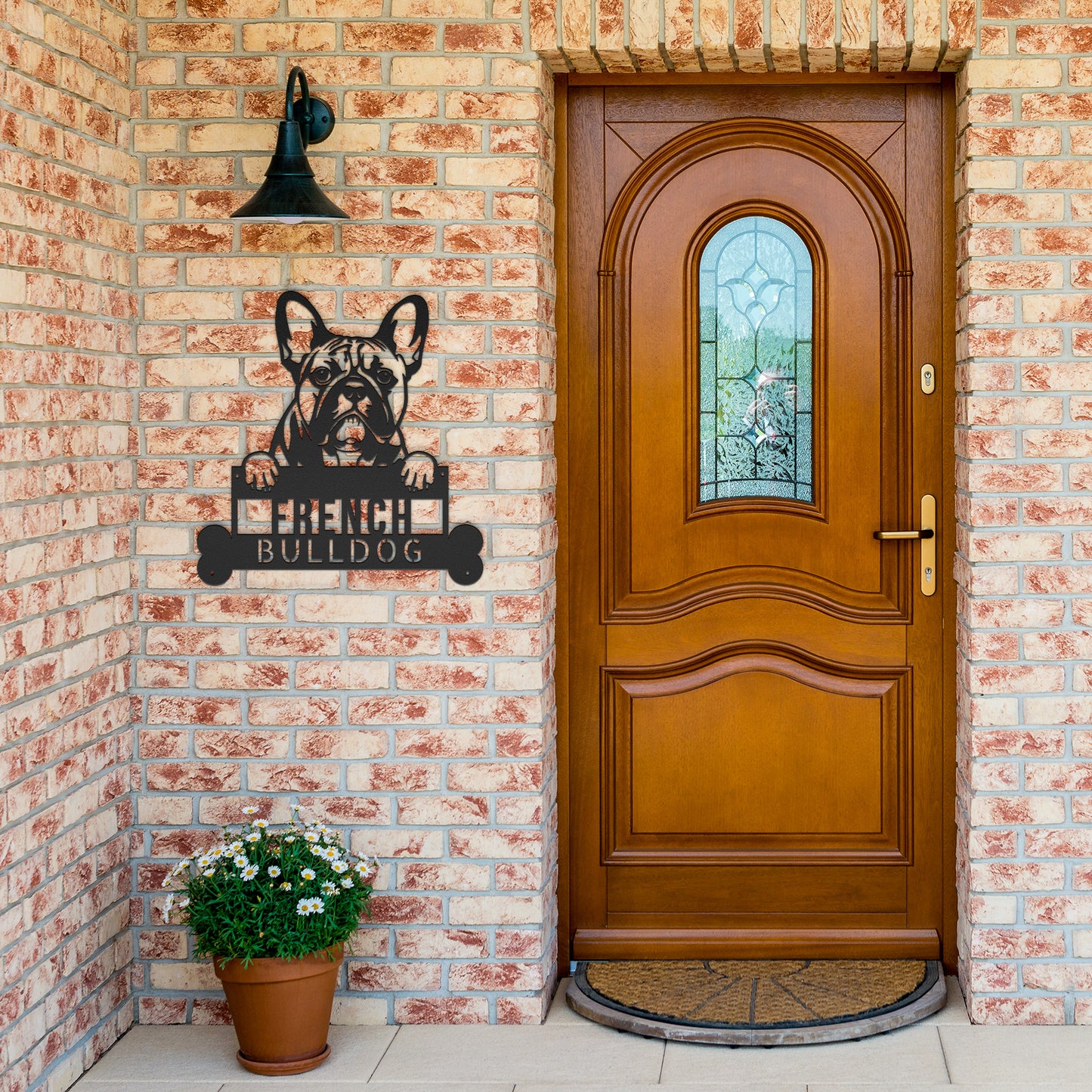 Bulldog Lovers can now enjoy a Personalized French Bulldog Dog Sign, Custom Dog Wall Art, Handcrafted Pet Home Decor, Unique Gift for Bulldog Lovers featuring a French Bulldog sign on a brick wall.