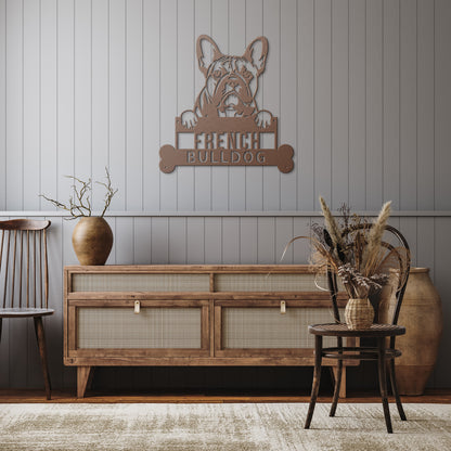 Bulldog Lovers can now enjoy a Personalized French Bulldog Dog Sign, Custom Dog Wall Art, Handcrafted Pet Home Decor, Unique Gift for Bulldog Lovers featuring a French Bulldog sign on a brick wall.