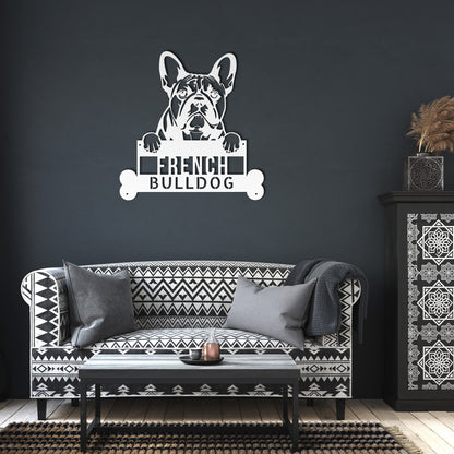 Bulldog Lovers can now enjoy a Personalized French Bulldog Dog Sign, Custom Dog Wall Art, Handcrafted Pet Home Decor, Unique Gift for Bulldog Lovers featuring a French Bulldog sign on a brick wall.