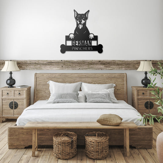 A wooden door with a "Personalized German Pinscher Metal Sign | Custom Dog Wall Art | Unique Handcrafted Home Decor" on it.