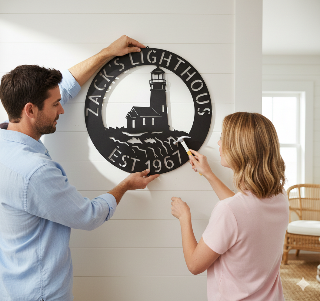 Wall Art Custom Metal Family Name Sign - Personalized Outdoor Lighthouse Design