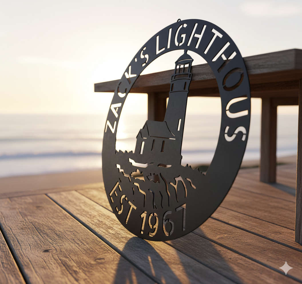 Wall Art Custom Metal Family Name Sign - Personalized Outdoor Lighthouse Design