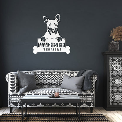 A wooden Personalized Manchester Terriers Dog Sign with a dog on it and a potted plant.