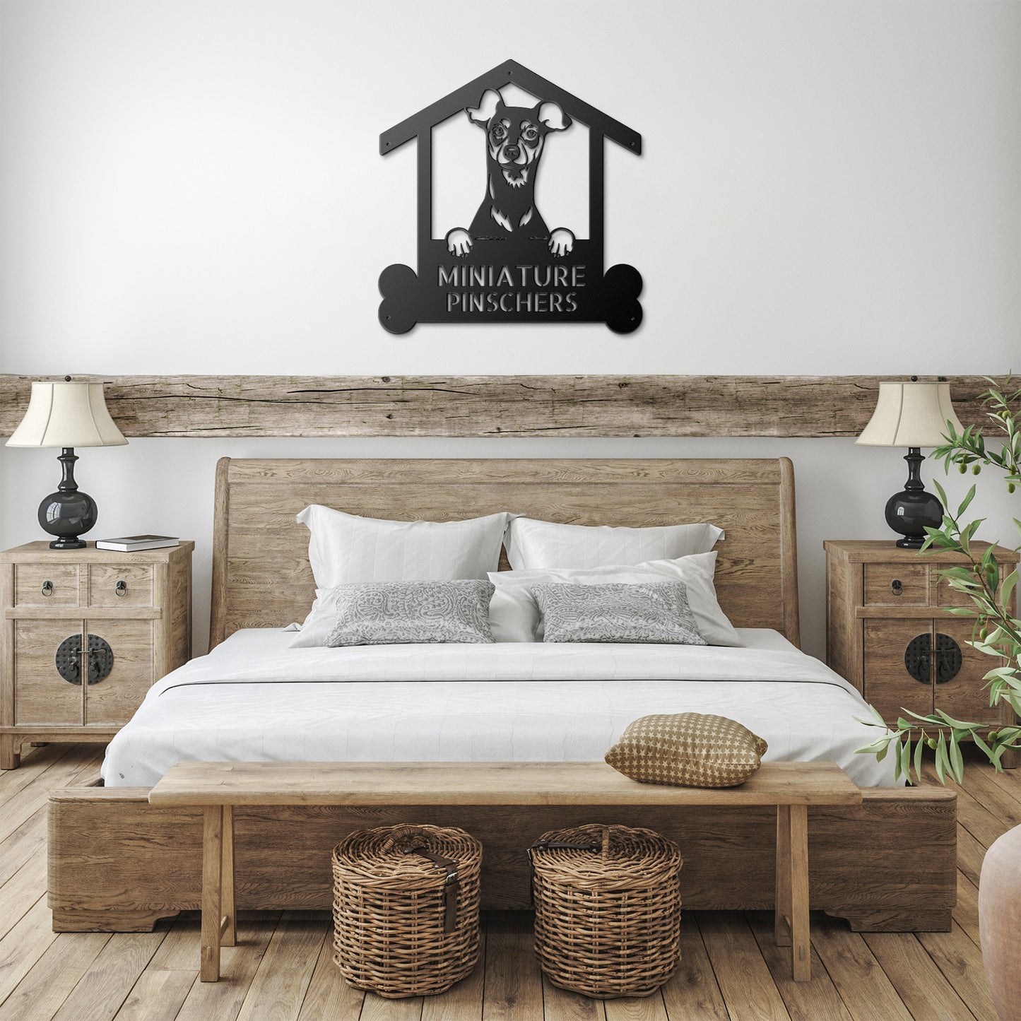 A wooden door with a Personalized Miniature Pinschers Dog Sign | Custom Steel Monogram Wall Art on it.