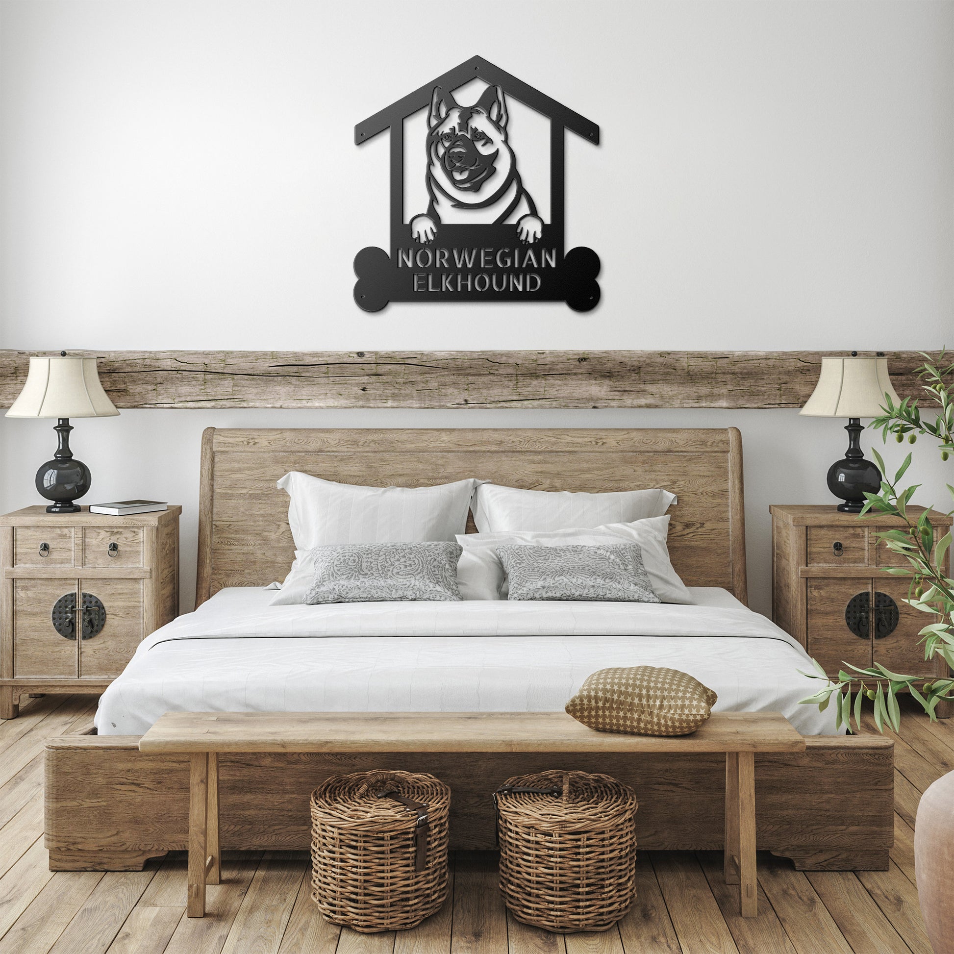 A wooden door with a Personalized Norwegian Elkhound Dog Sign | Custom Steel Monogram Wall Art - Unique Gift for Dog Lovers on it.