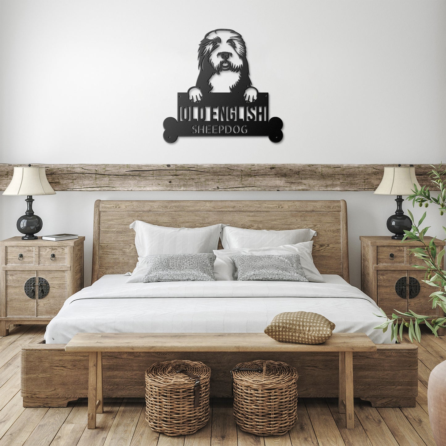 A Personalized Old English Sheepdog Sign | Custom Steel Monogram Wall Art with a dog's head on it.