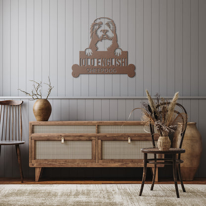 A Personalized Old English Sheepdog Sign | Custom Steel Monogram Wall Art with a dog's head on it.