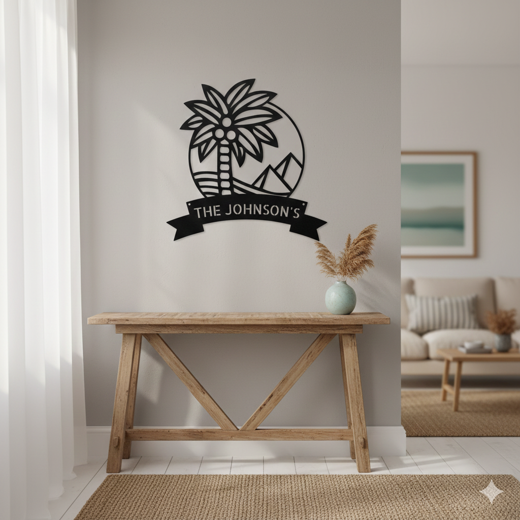 Wall Art PALM TREE SIGN - Personalize Palm Tree with Pyramids Monogram Wall Art