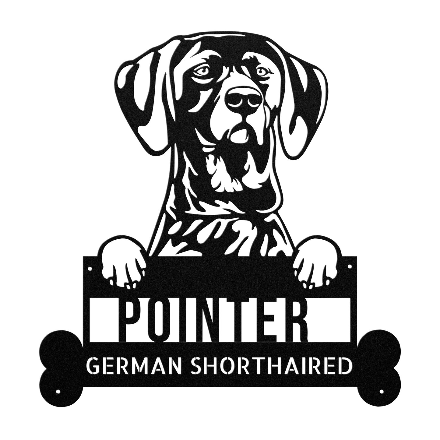 Silhouette of a German Shorthaired Pointer holding a sign that reads "POINTER GERMAN SHORTHAIRED" in a dog-bone-shaped frame, perfect as Pointers German Shorthaired Metal Sign, Personalized Dog Wall Art, Custom Name Home Decor, Unique Animal Lovers Gift.