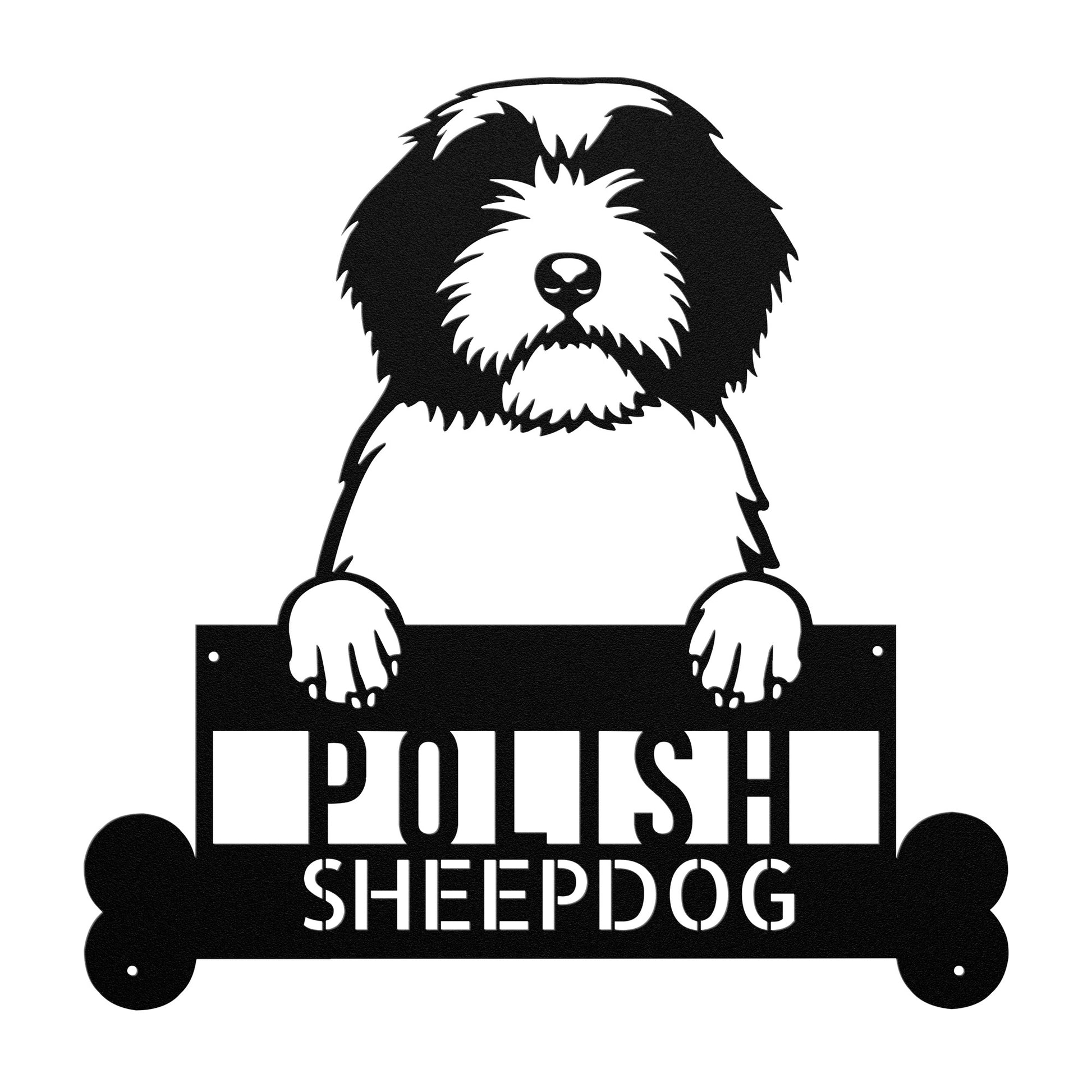 Silhouette illustration of a Polish Lowland Sheepdog holding a sign with text "Polish Sheepdog," crafted as a Polish Lowland Sheepdog Metal Sign, Personalized Dog Wall Art, Custom Name Sign for Home Decor, Unique Animal Lovers Gift from durable 18-gauge steel.