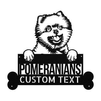 Black and white illustration of a Pomeranian dog holding a personalized dog sign that reads "Pomeranians Custom Text." The **Pomeranian Dog Metal Sign, Unique Personalized Dog Wall Art, Custom Home Decor for Dog Lovers, Perfect Pet Lovers Gift** features bone-shaped elements on either side.