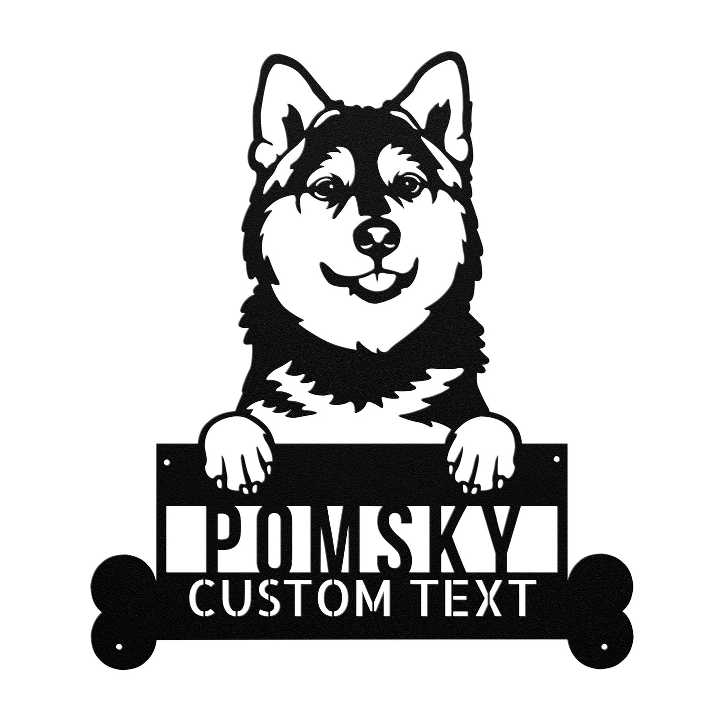 Silhouette of a Pomsky dog holding a sign with the text "Pomsky Custom Text" below it, perfect for home decor as a **Pomsky Dog Metal Sign** - Personalized Home Decor, Custom Dog Name Wall Art, Unique Animal Lovers Gift.