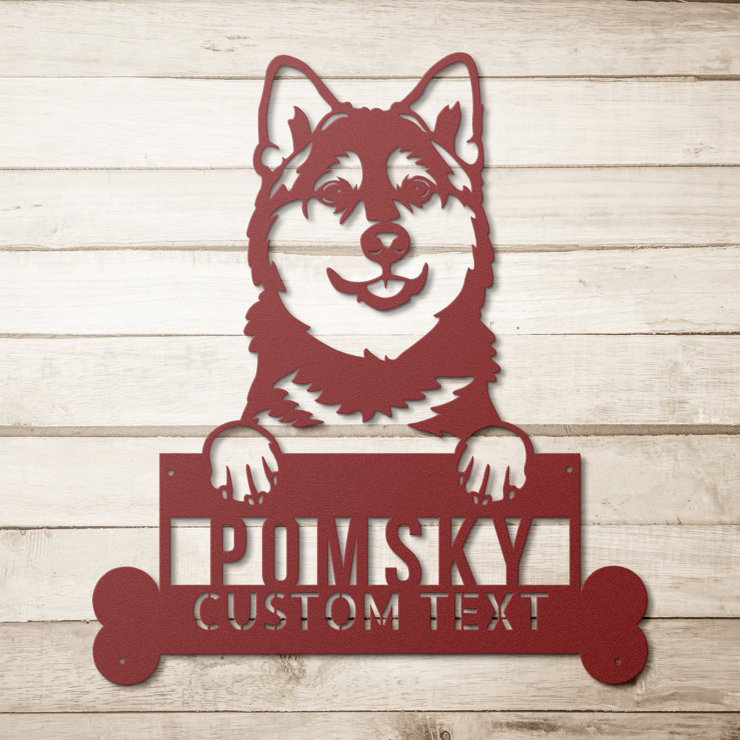 Silhouette of a Pomsky dog holding a sign with the text "Pomsky Custom Text" below it, perfect for home decor as a **Pomsky Dog Metal Sign** - Personalized Home Decor, Custom Dog Name Wall Art, Unique Animal Lovers Gift.