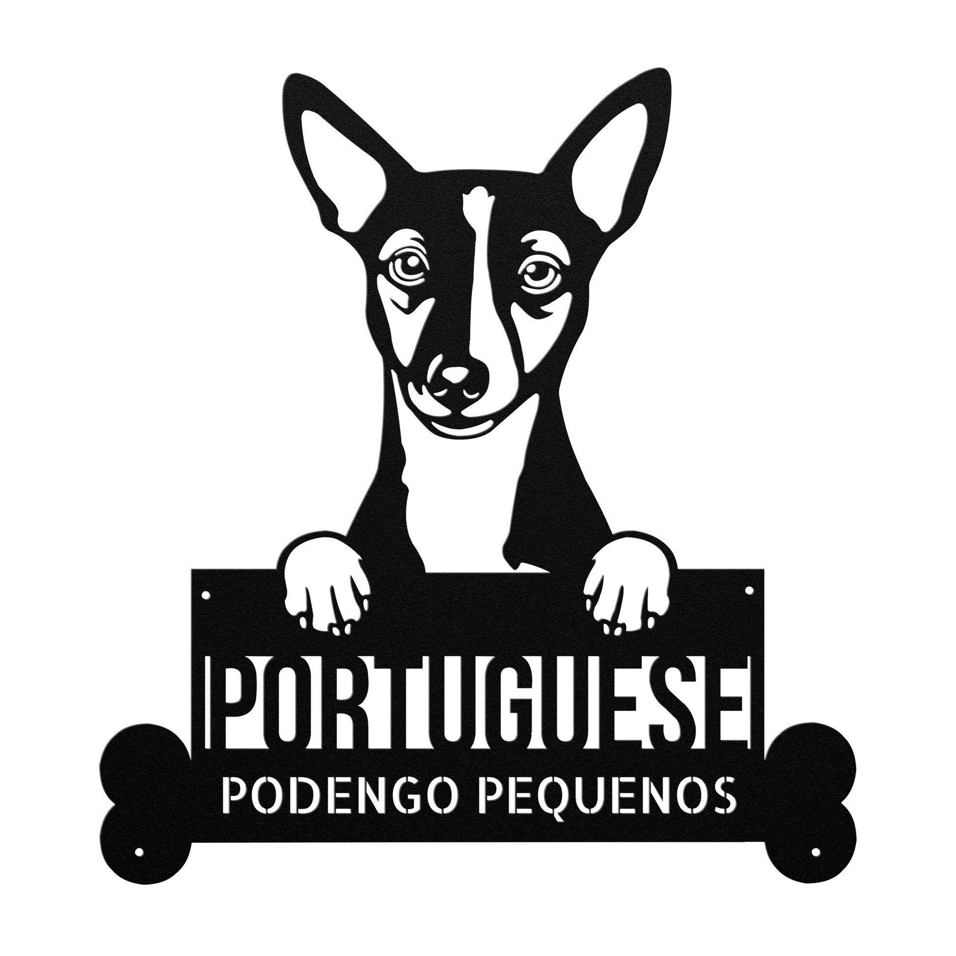 Silhouette of a Portuguese Podengo Pequeno dog with its paws on a "Portuguese Podengo Pequeno Dog Metal Sign**, Custom Steel Wall Art, Personalized Pet Name for Home Decor, Unique Animal Lovers Gift.